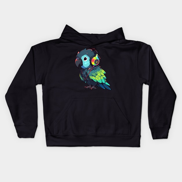 Green Parrot Headphones Kids Hoodie by pako-valor